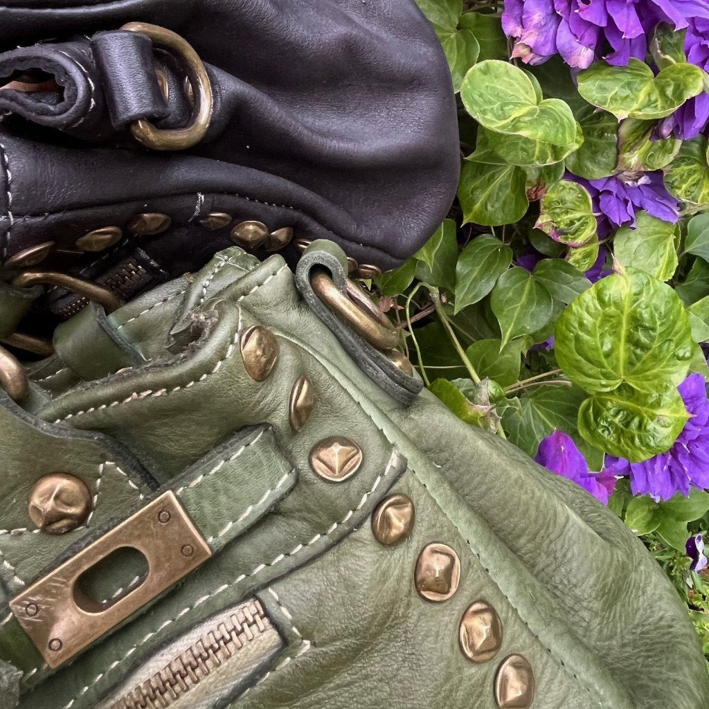 Close up view of the Anna bag in olive