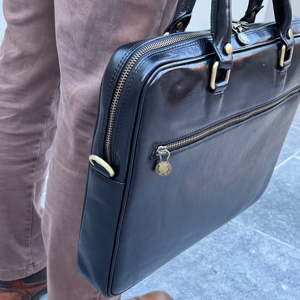 Close up view of the Bruno briefcase in black