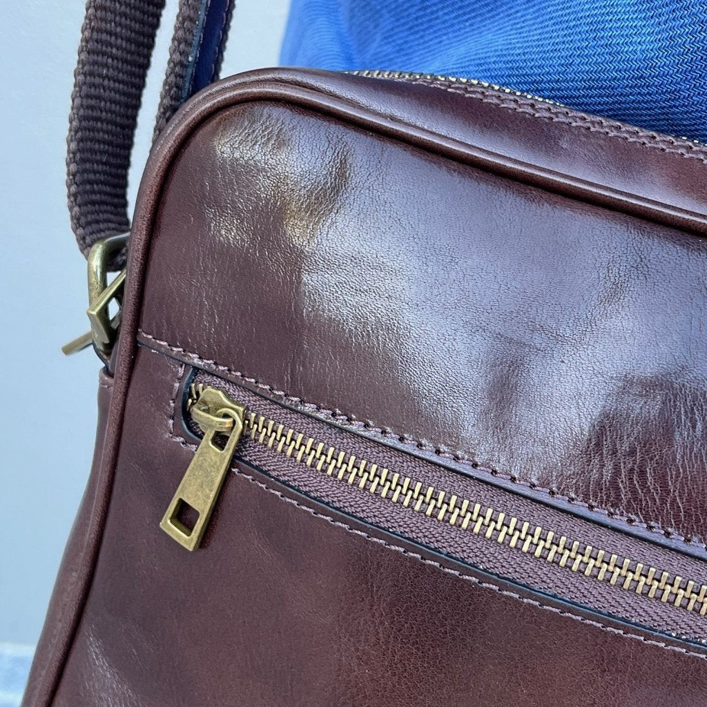 Close up view of the brown Bruno briefcase