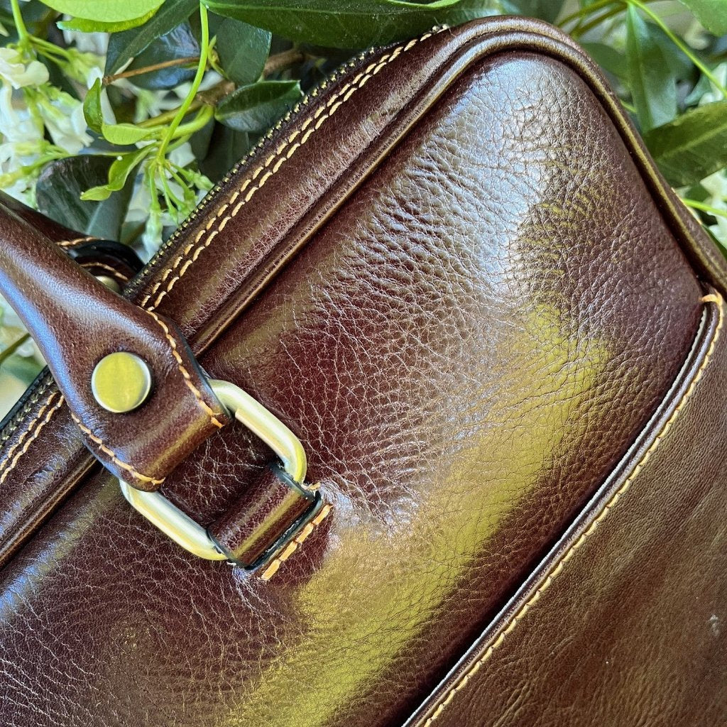 Another close up view of the Bruno briefcase in brown