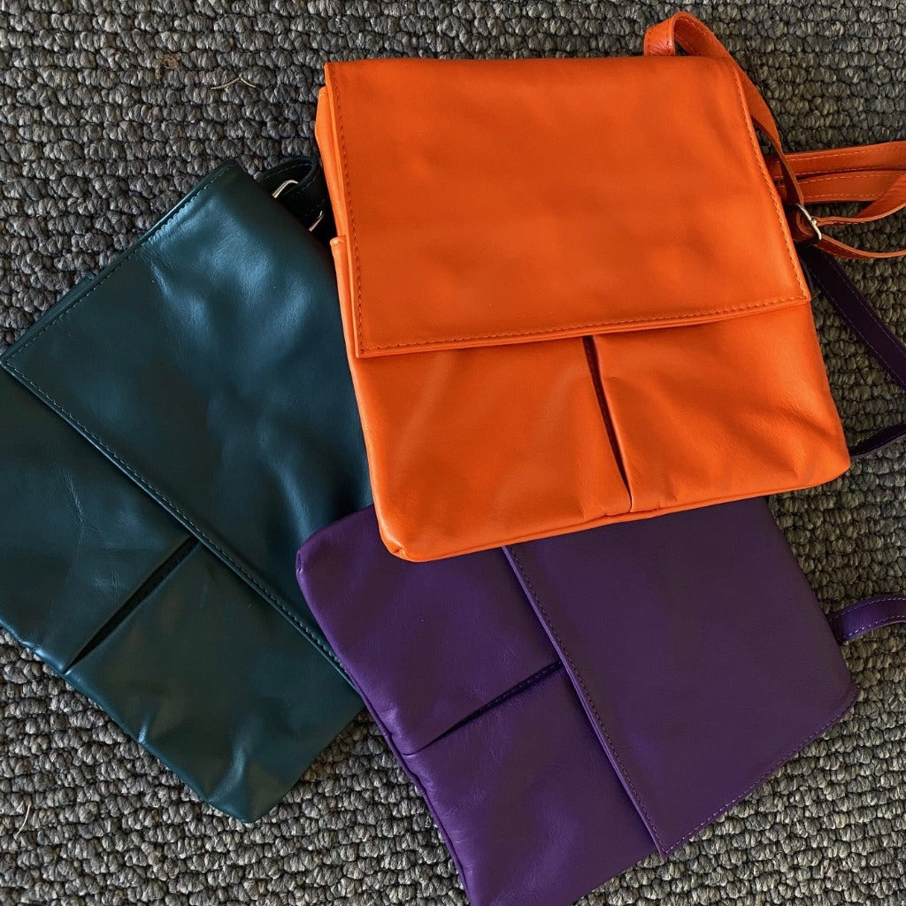 Claire bags in orange, teal and purple