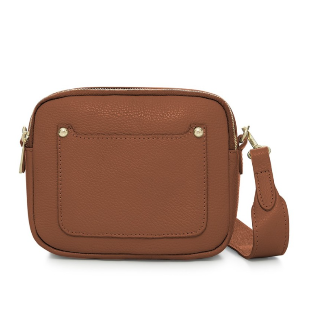 Brown leather crossbody bag on a white background