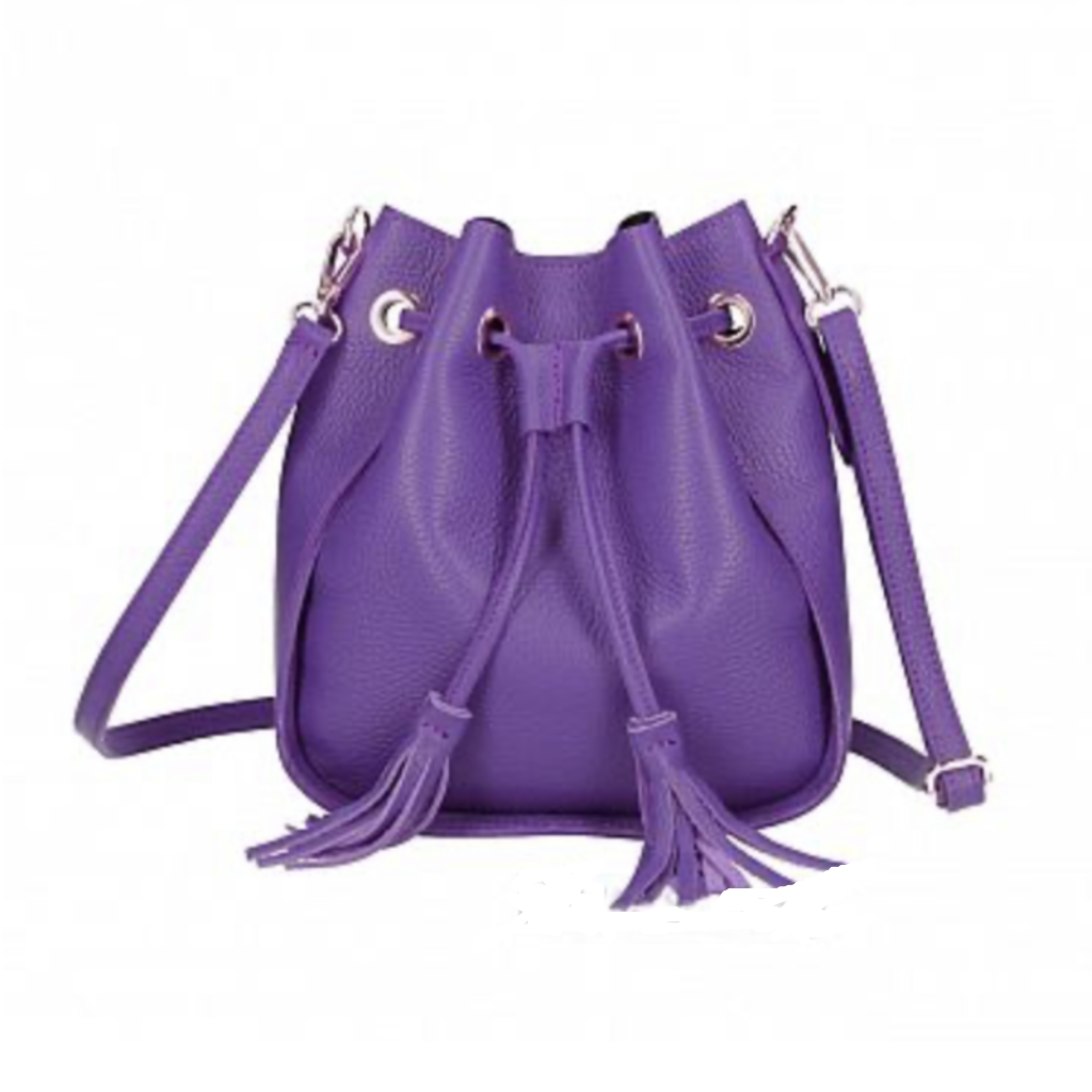 Purple bucket bag with tassels on a white background