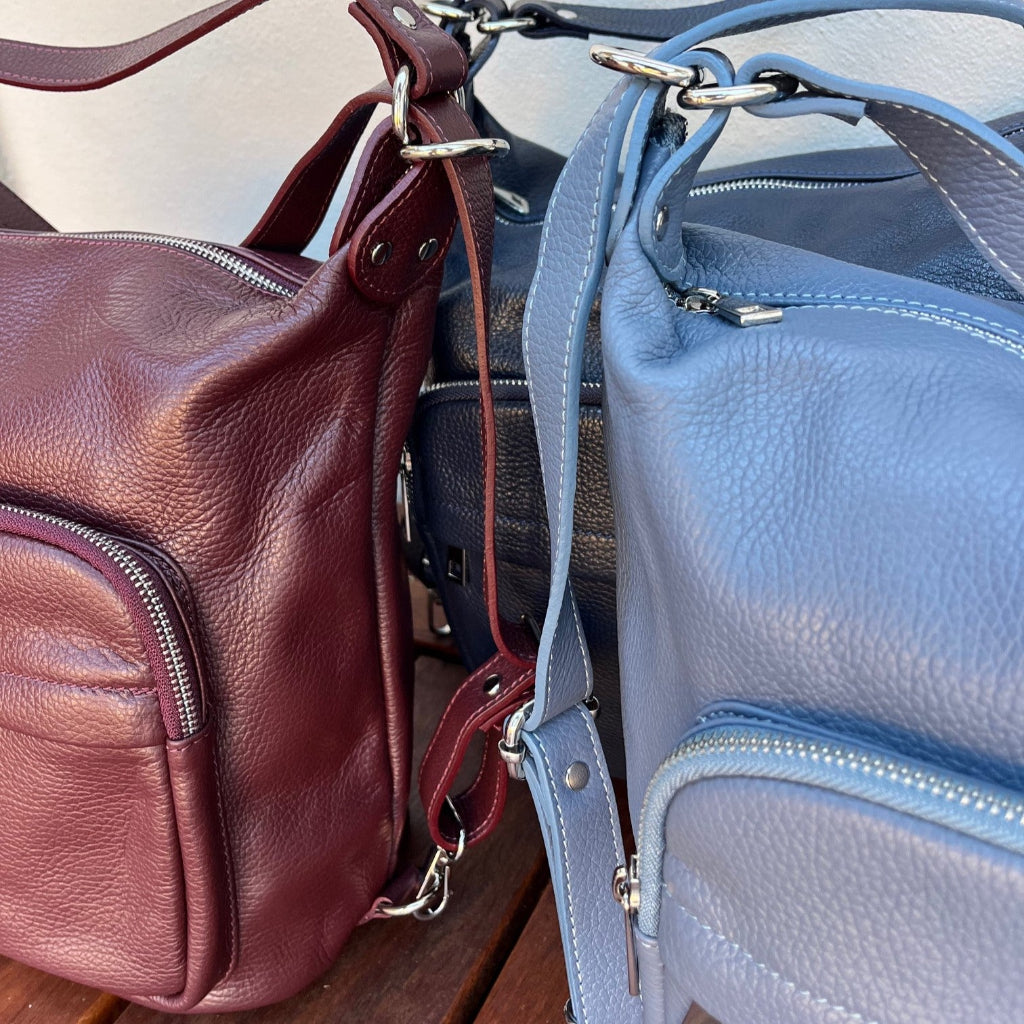 Sorella Handbags Phillipa bag in steel blue (denim), navy and burgundy