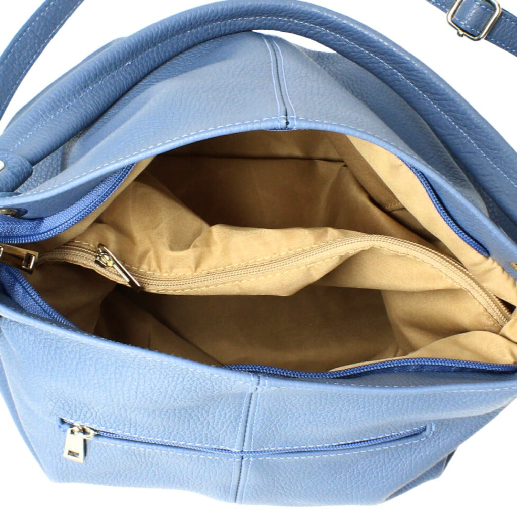 The inside of the Kellie bag in denim blue
