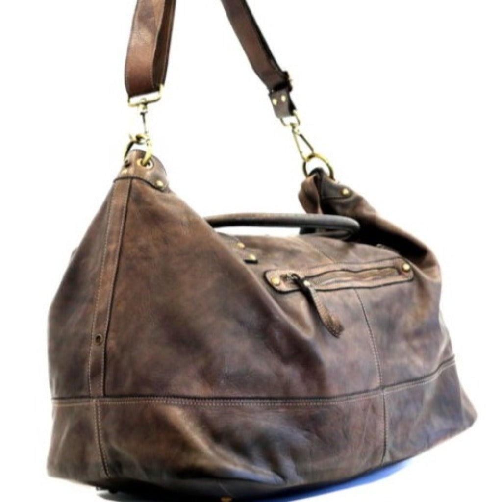 Another view of the large weekend bag in dark brown