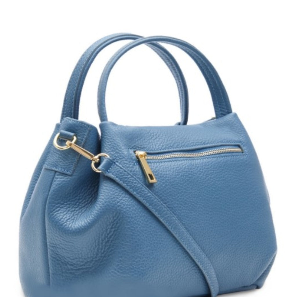 Side view of the Paris bag in denim blue