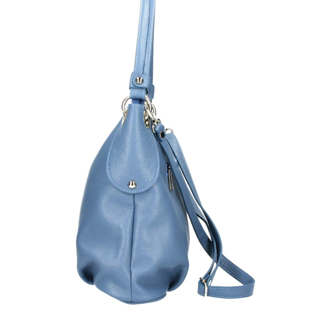 Side view of the Kelli bag in steelblue or denim blue