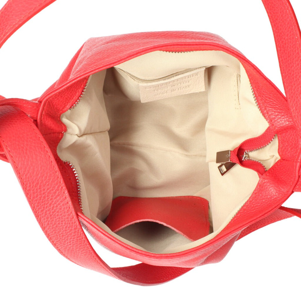 Inside view of the smaller red shoulder bag and backpack
