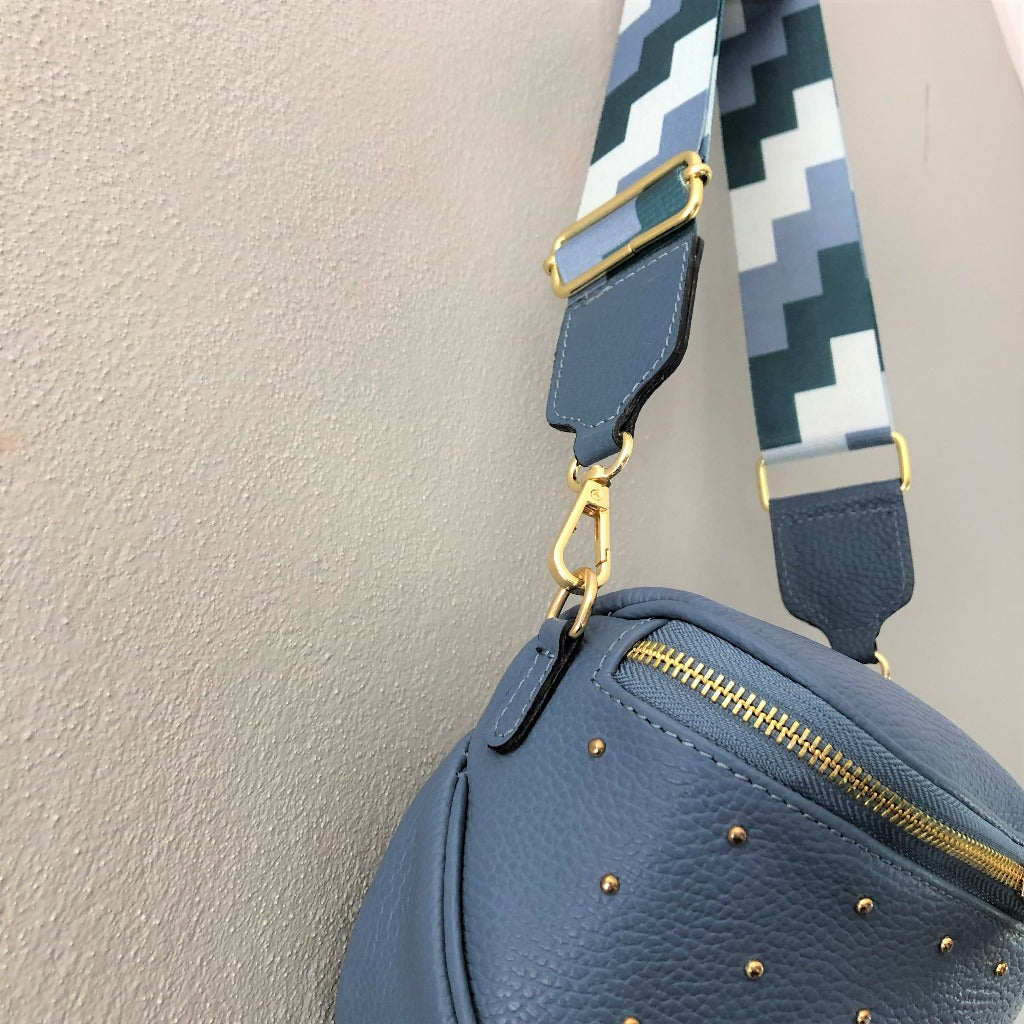 close up view of the denim bag