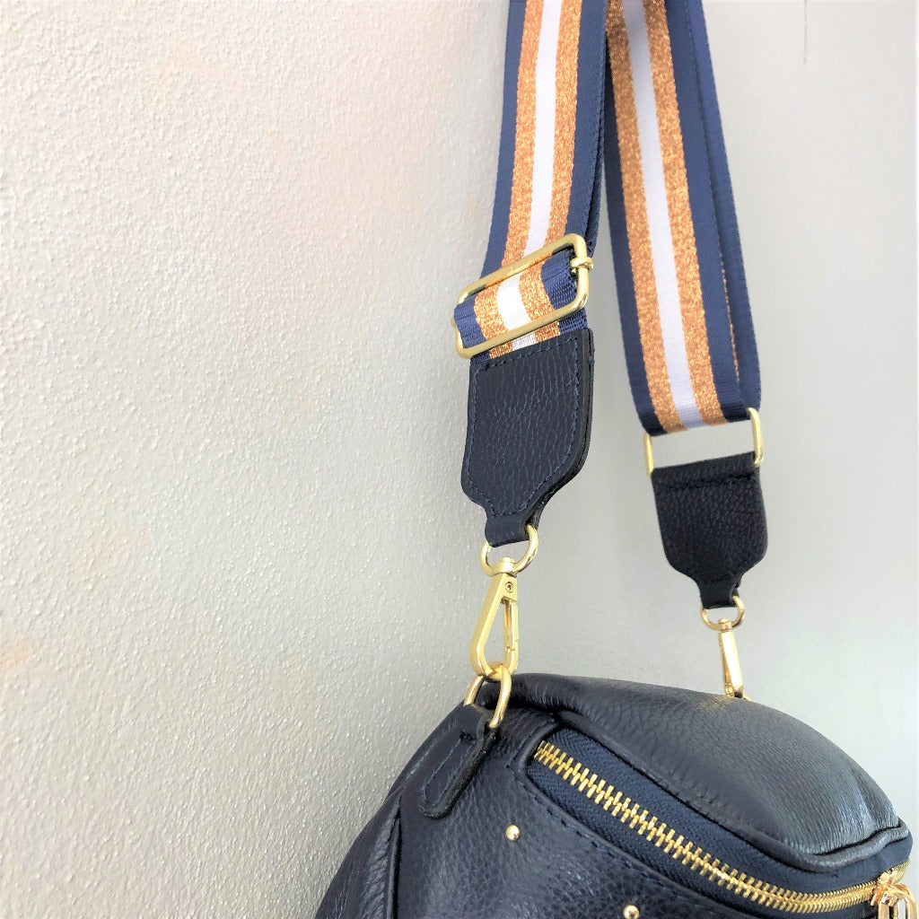 Close up view of the navy bag