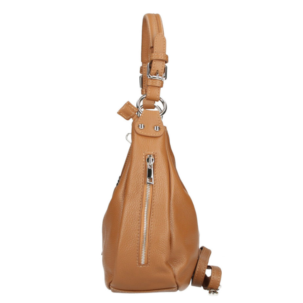 Side view of the Elsa bag in tan or cognac