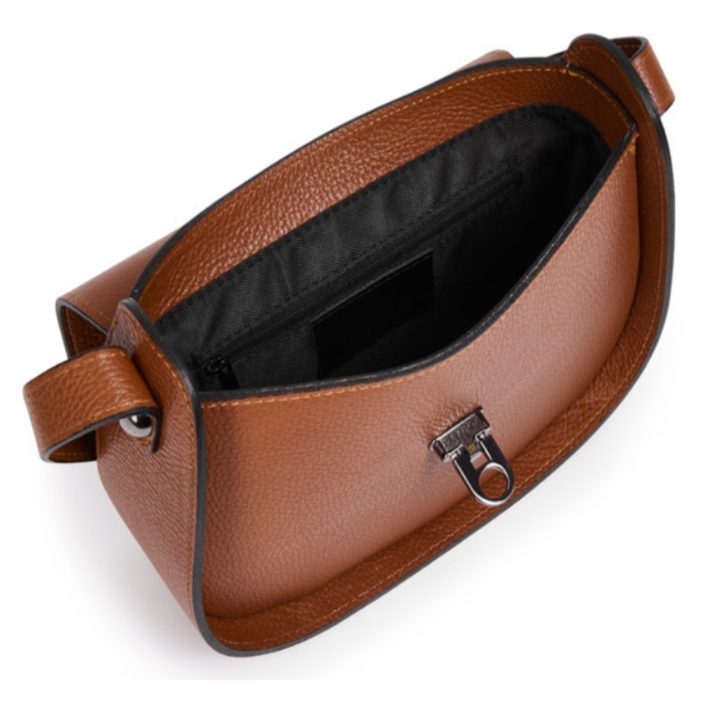 Inside view of the Nina bag in dark tan or cognac