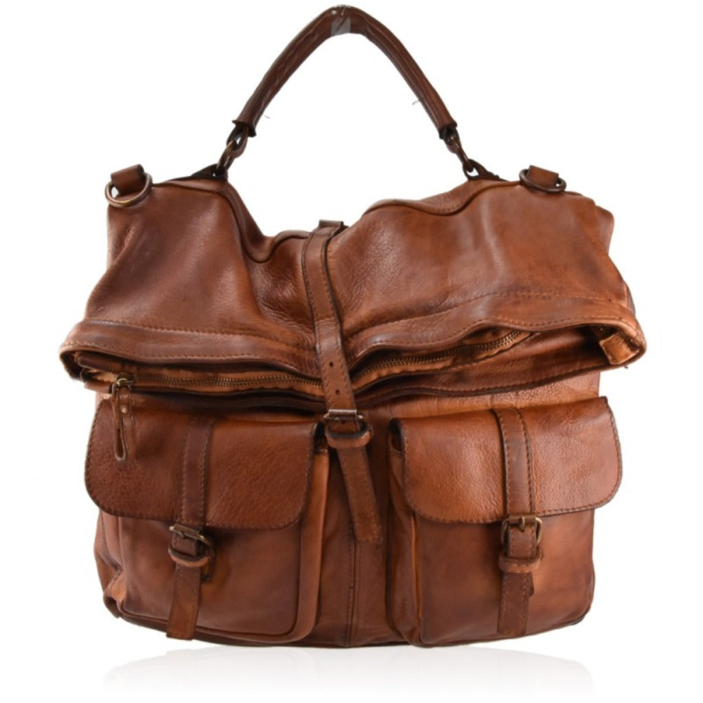 A photo showing the Liam backpack in natural leather
