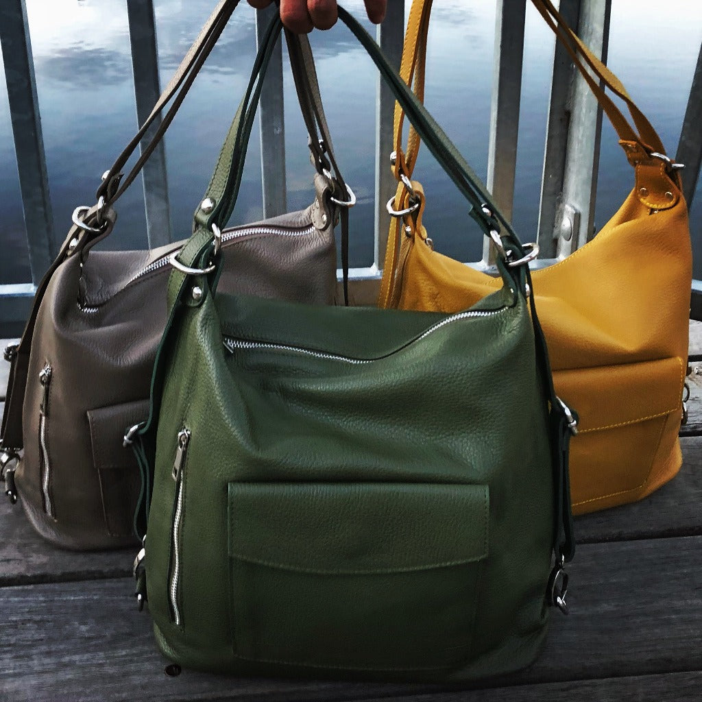 Phillipa shoulder bags in taupe, olive and mustard yellow