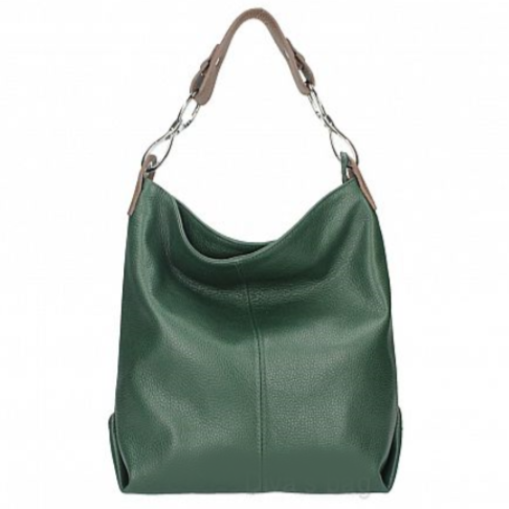 he Daisy bag in green with a brown handle