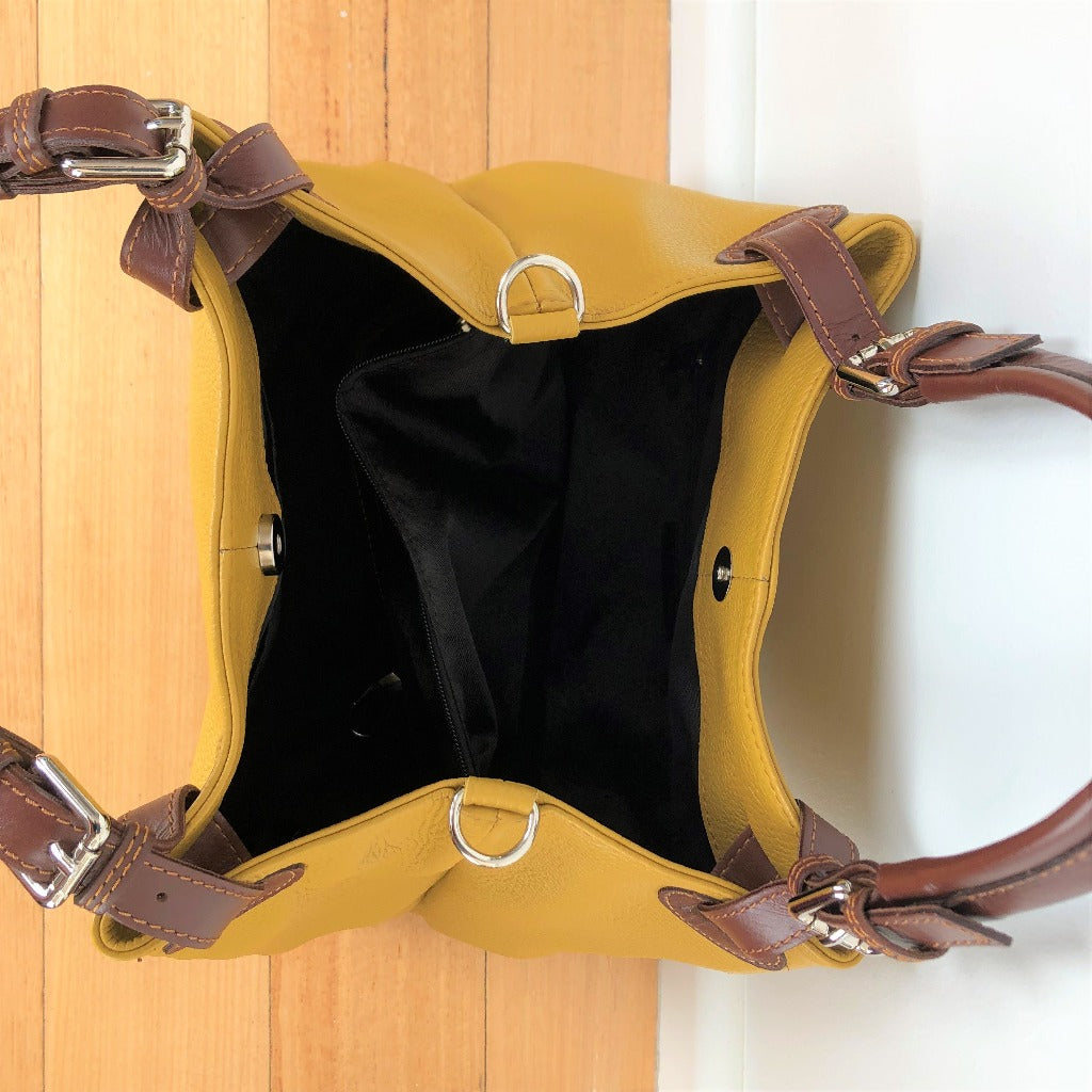 Inside the Dawn bag in mustard