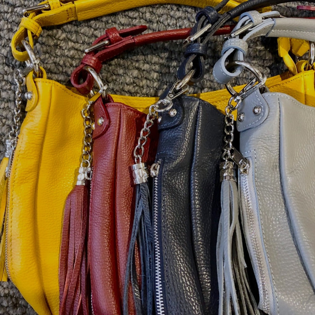 Elsa bag in yellow, dark red, navy and light grey