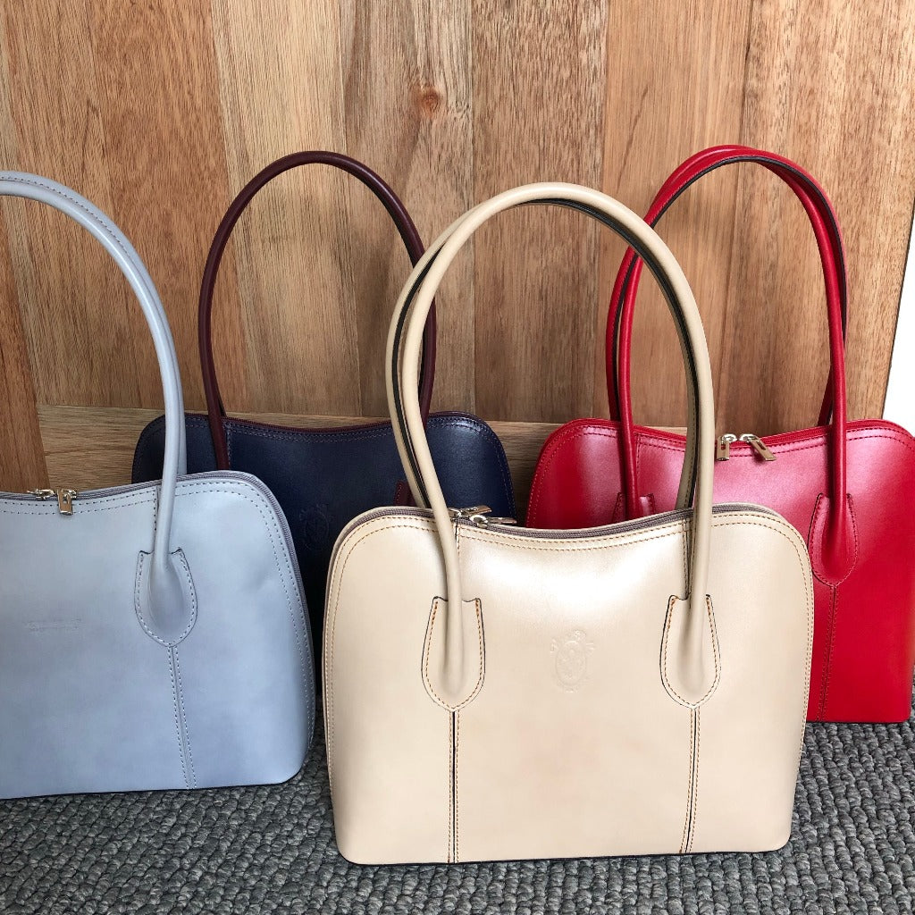 Donatello bags in light grey, light taupe, navy and red