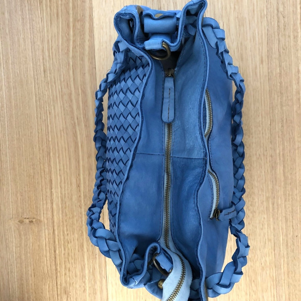 View of the top of the Izzy bag in blue