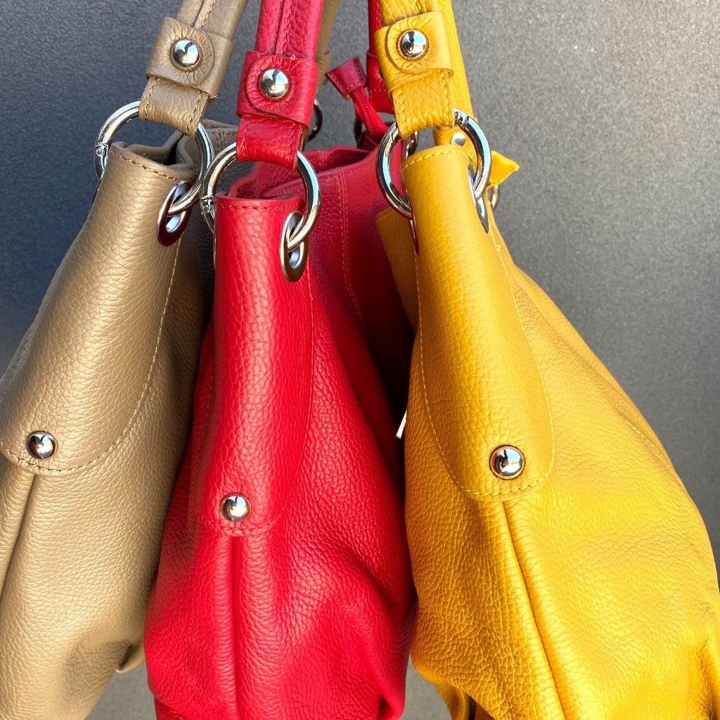 Kelli bag in burlywood, red and mustard yellow or gold
