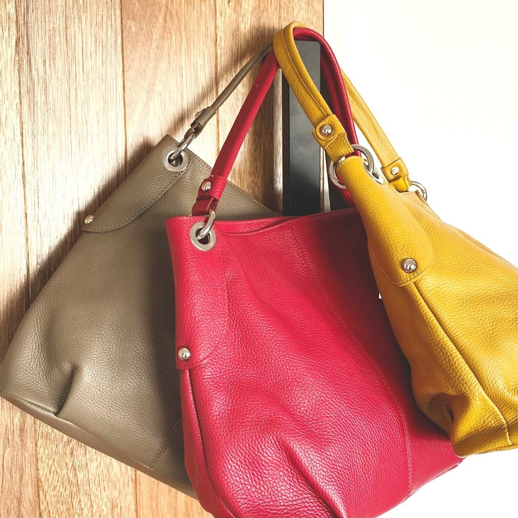 Kelli bags in mustard, red and dark taupe