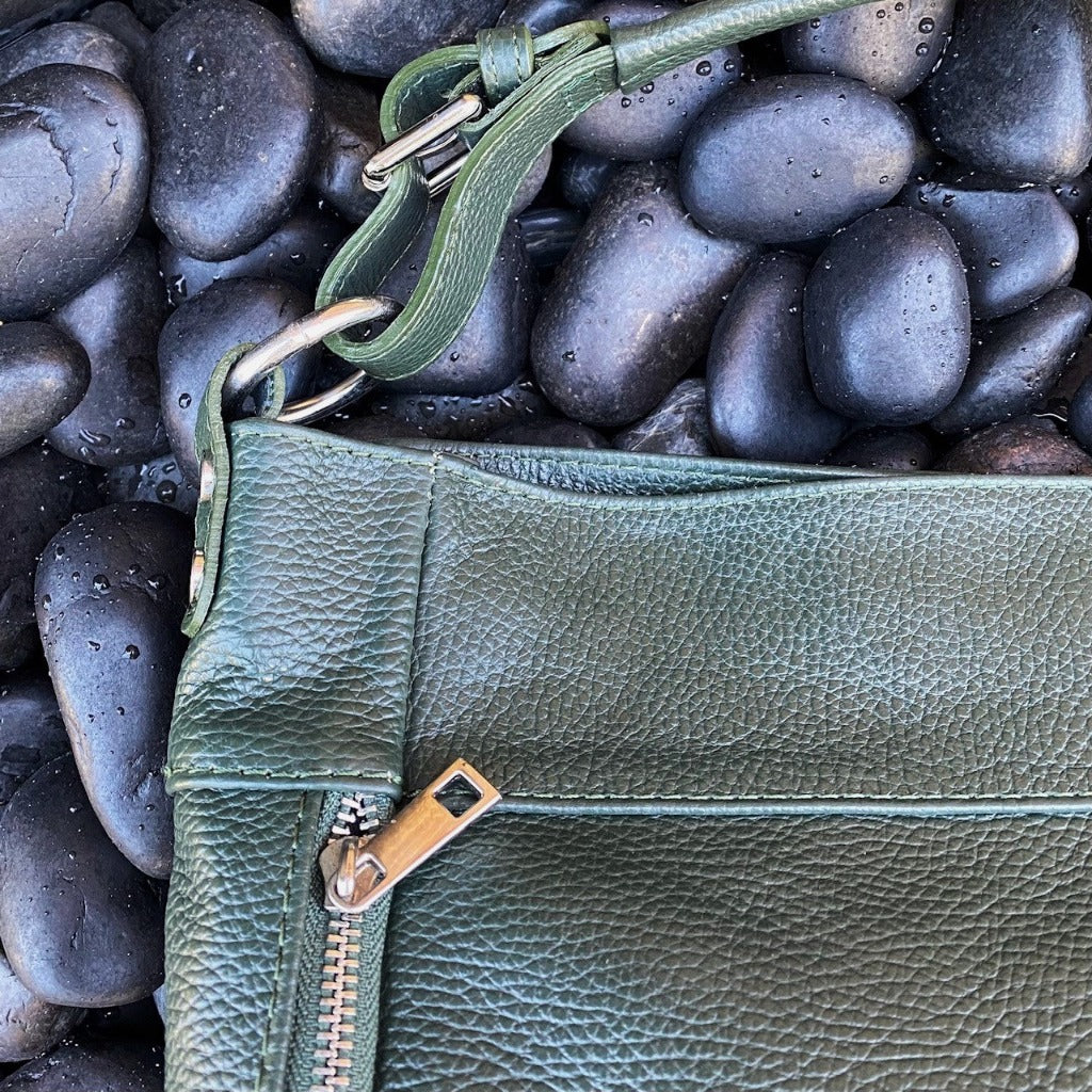 Close up of the Samantha bag in green